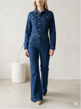 SHEIN Denim Jumpsuit Dark Wash Flare Leg Long Sleeve Retro Boho 70s Chic Size M